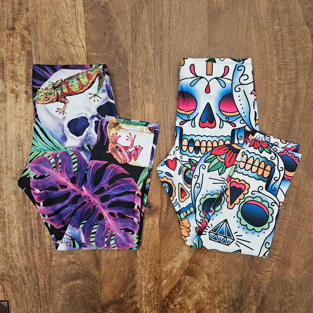 Gearbunch Leggings Womens M Multicolor Sugar Skull Tropical Soft Lot of 2